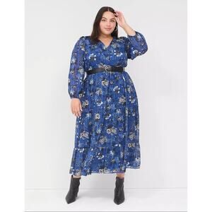 Lane Bryant Lurex Shimmer Royal Blue V-Neck Floral Maxi Dress Plus Size 30/32